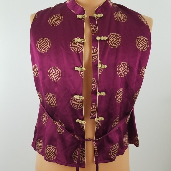 Ling Yun Red & Gold Asian Tie Back Sleeveless Silk - Picture 1 of 8